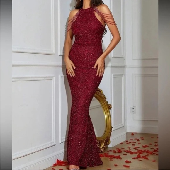 Luxe burgundy beaded halter party formal evening wedding sequins dress - Picture 11 of 16